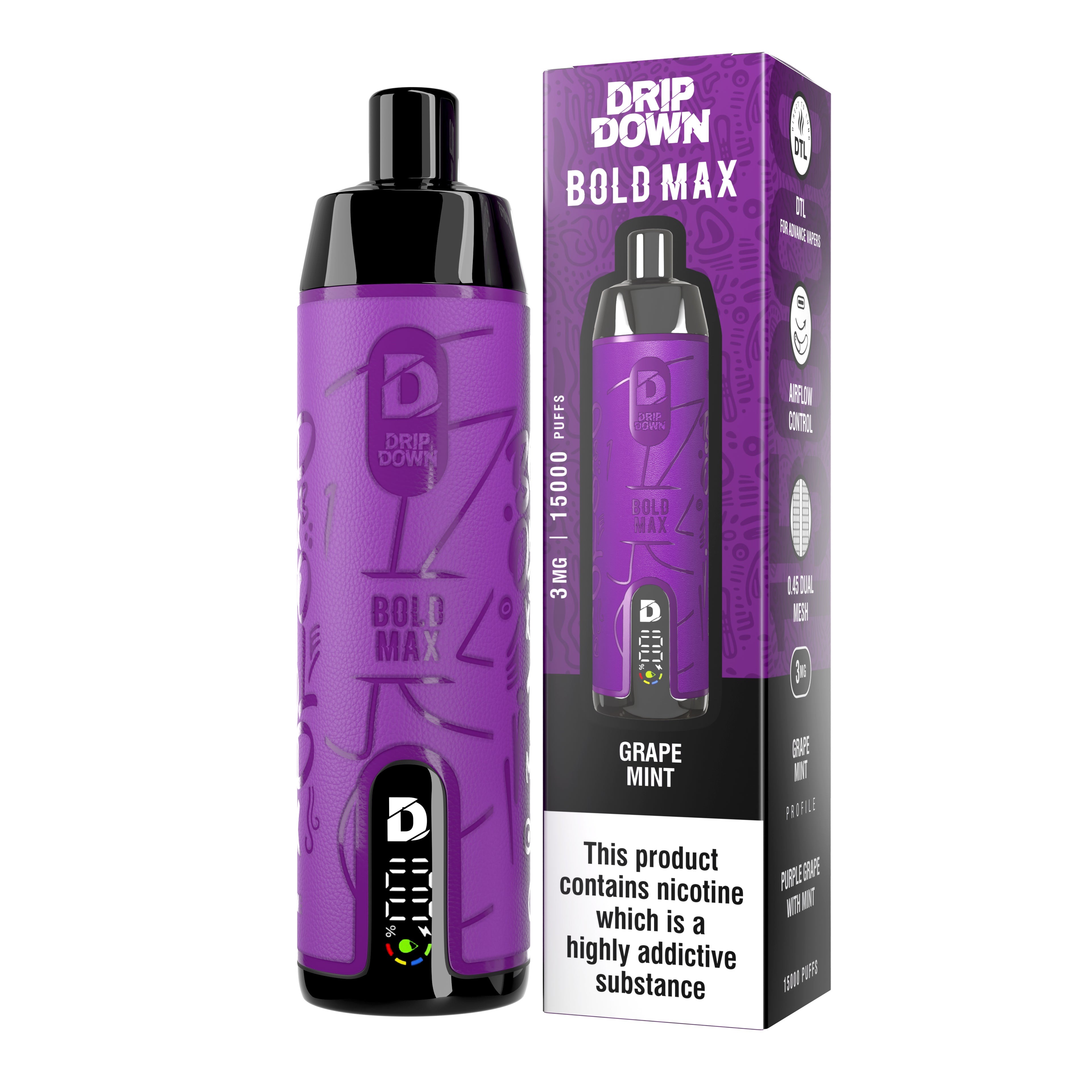 Drip Down Bold Max (DTL) – Grape Mint (3mg) (15K Puffs)